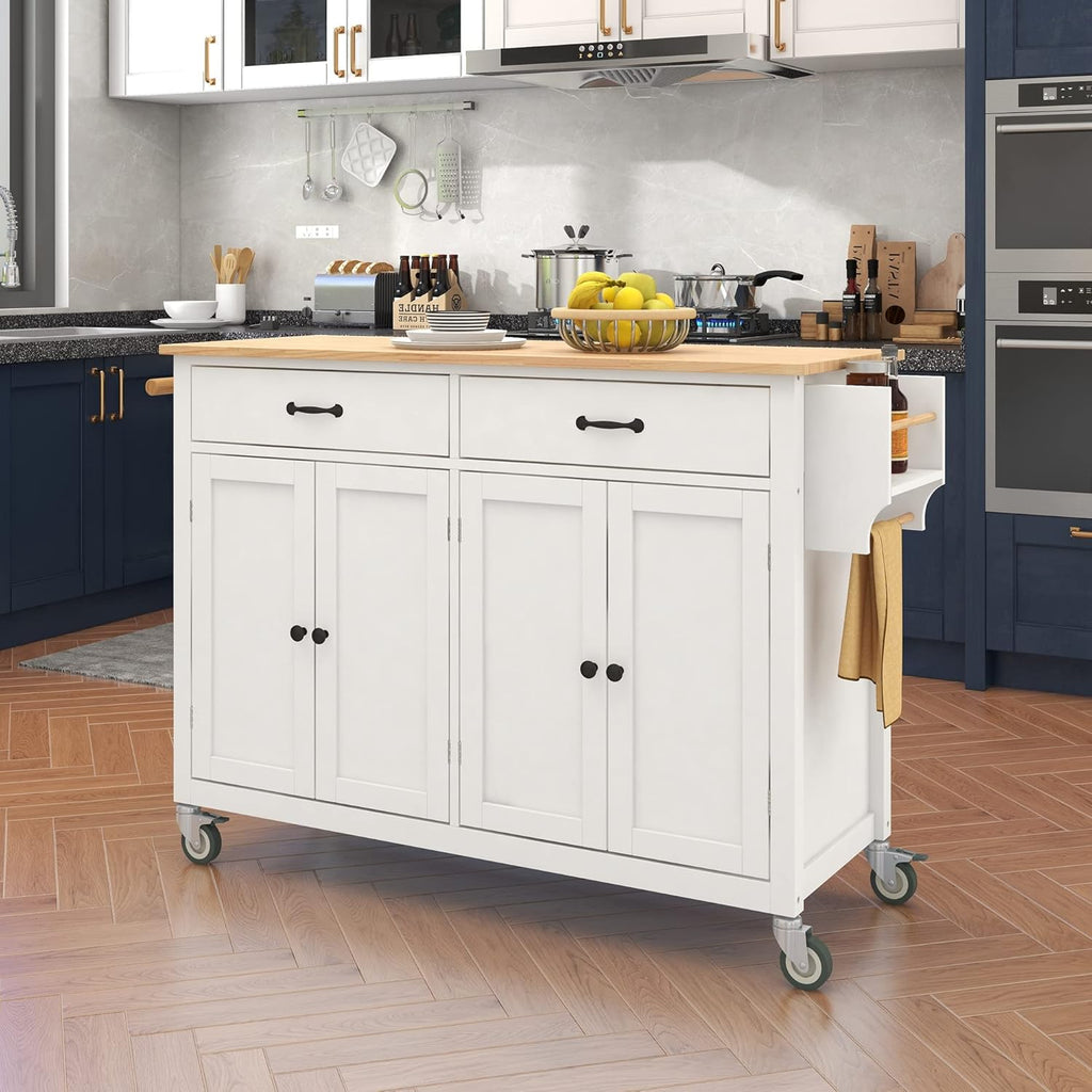 White Rolling Kitchen Island Cart with Solid Wood Top, 2 Drawers and 4 Door Cabinet T13193