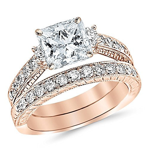14K White Gold 2 Carat Lab Grown Diamond Three Stone Bridal Set with Wedding Band & Princess Cut Diamond Engagement Ring Z79000