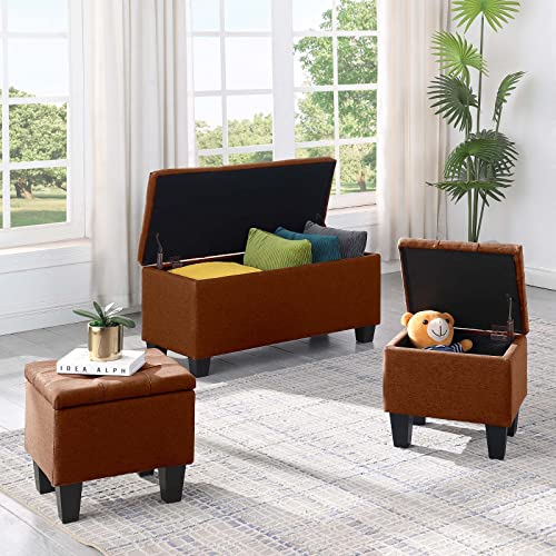 Dark Blue Linen Storage Ottoman Bench D200