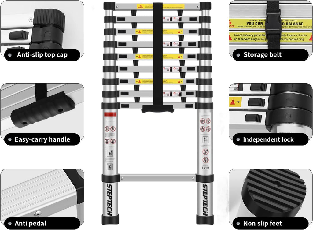 Telescoping Ladder 9.5 ft Aluminum Anti-Pinch Collapsible Ladder 330 lbs Capacity D94839
