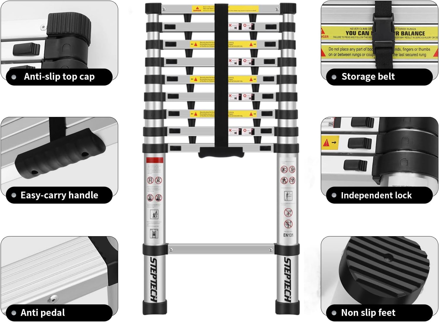 Telescoping Ladder 9.5 ft Aluminum Anti-Pinch Collapsible Ladder 330 lbs Capacity D94839