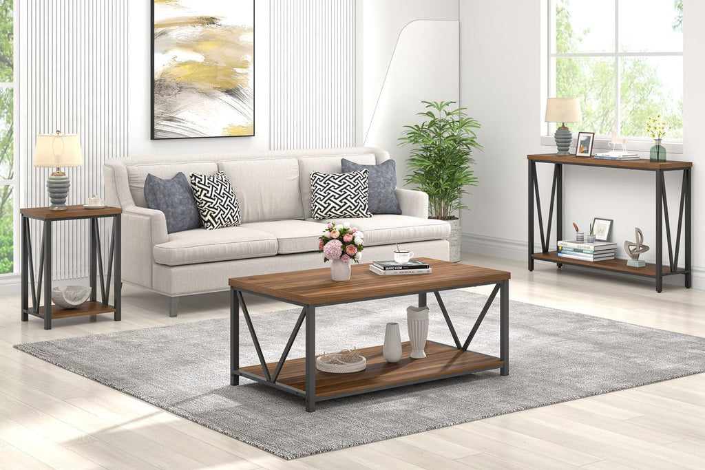 Rustic Walnut Coffee Table with Storage Shelf B1008