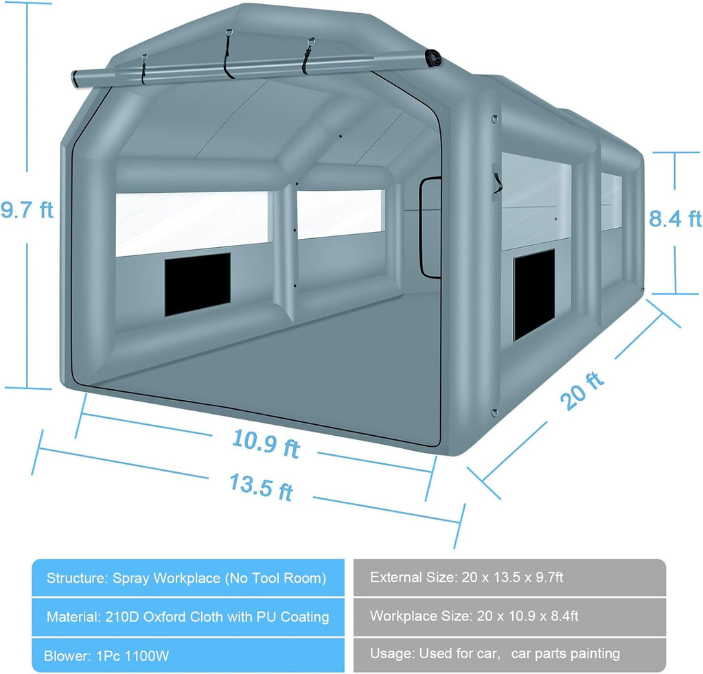 Inflatable Paint Booth 20 x 13.5 x 9.7ft Portable Spray Booth Tent with 1100W Blower Q929451