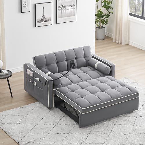 Gray Velvet Convertible Sleeper Sofa with Pull Out Bed V5996