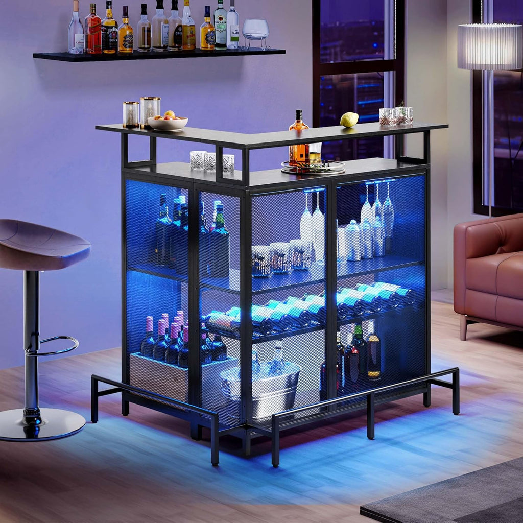 Black L Shaped Mini Home Bar Unit with Music Sensing LED Light, Tall Bars Furniture Table with Wine Rack Alcohol Storage Glasses Hanger Footrest E3108