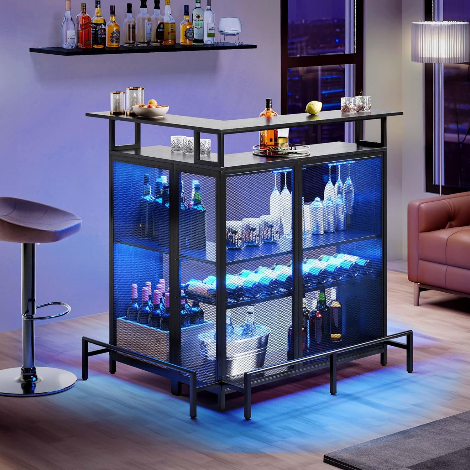 Black L Shaped Mini Home Bar Unit with Music Sensing LED Light, Tall Bars Furniture Table with Wine Rack Alcohol Storage Glasses Hanger Footrest E3108