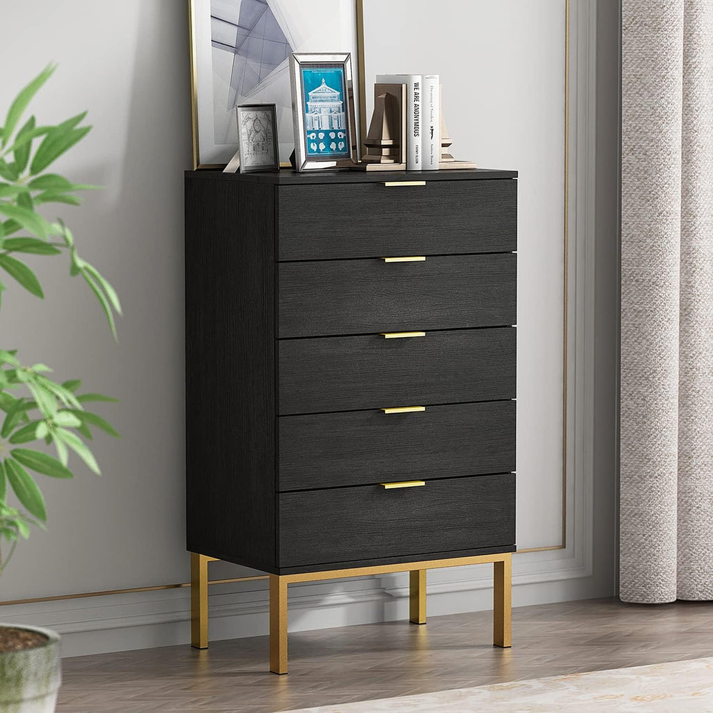 Black 5 Drawer Wood Dresser with Gold Metal Legs H285