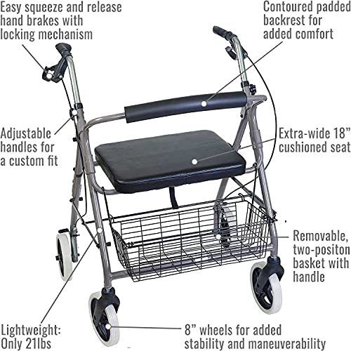 Burgundy Rollator Walker with Extra Wide Seat and Backrest E5740