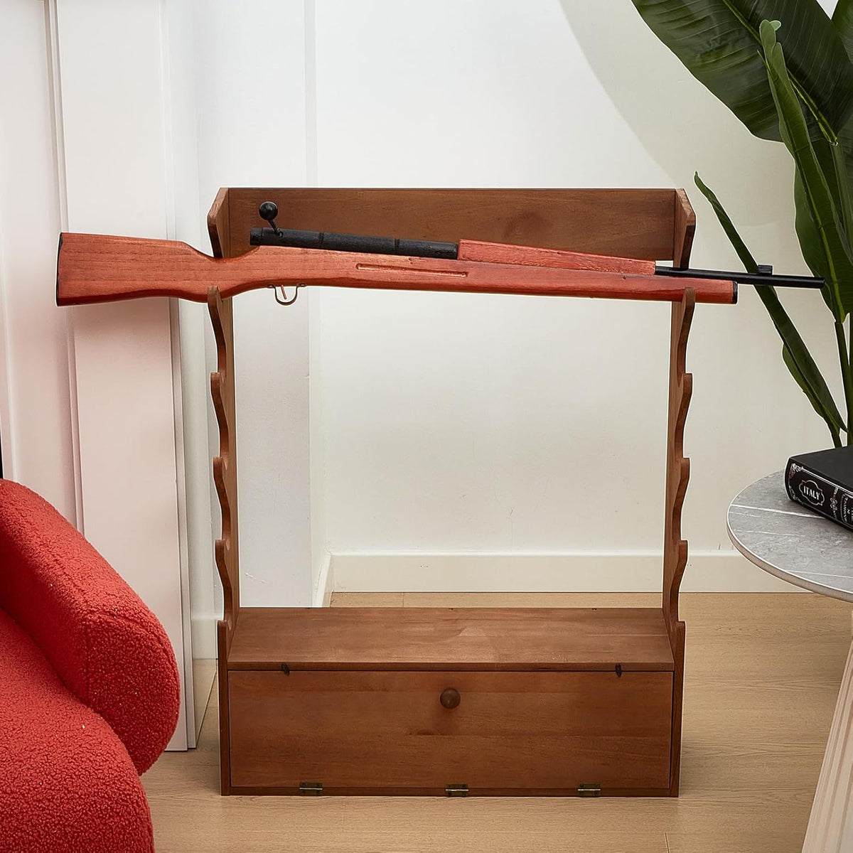 Walnut Color Pine Wood Gun Display Rack with Storage Compartment H2834