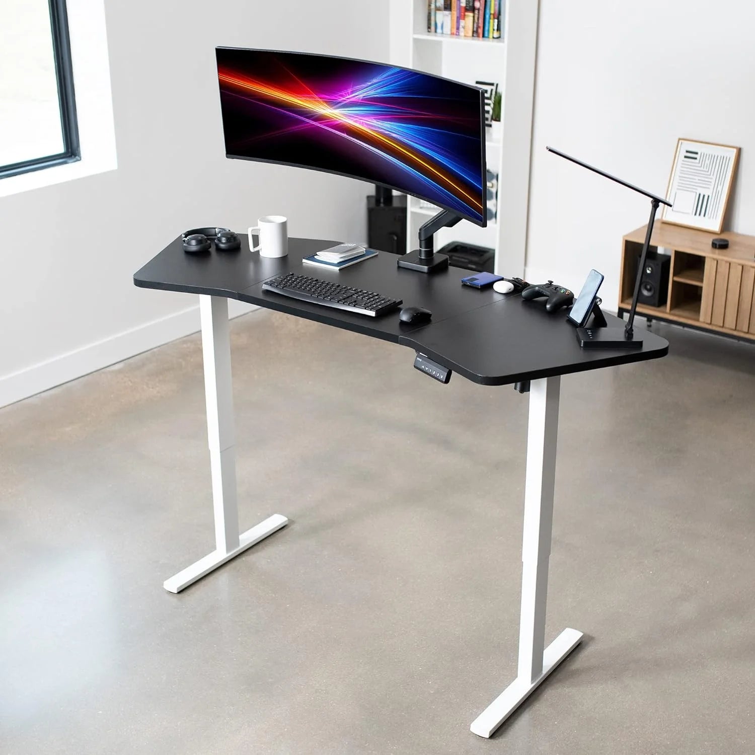 Black Table Top White Frame Electric Height Adjustable Stand Up Desk P837175