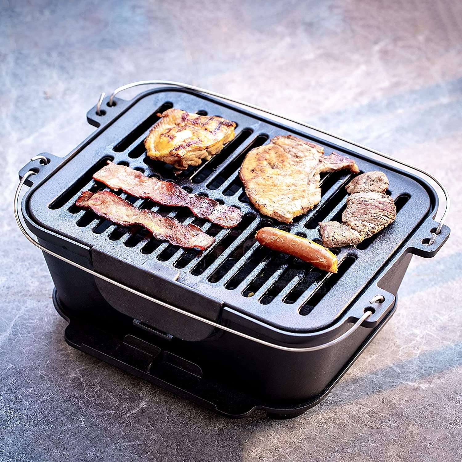 Pre-Seasoned Portable Cast Iron Charcoal Rectangle BBQ Grill, 14" x 12" Grilling Surface B75895