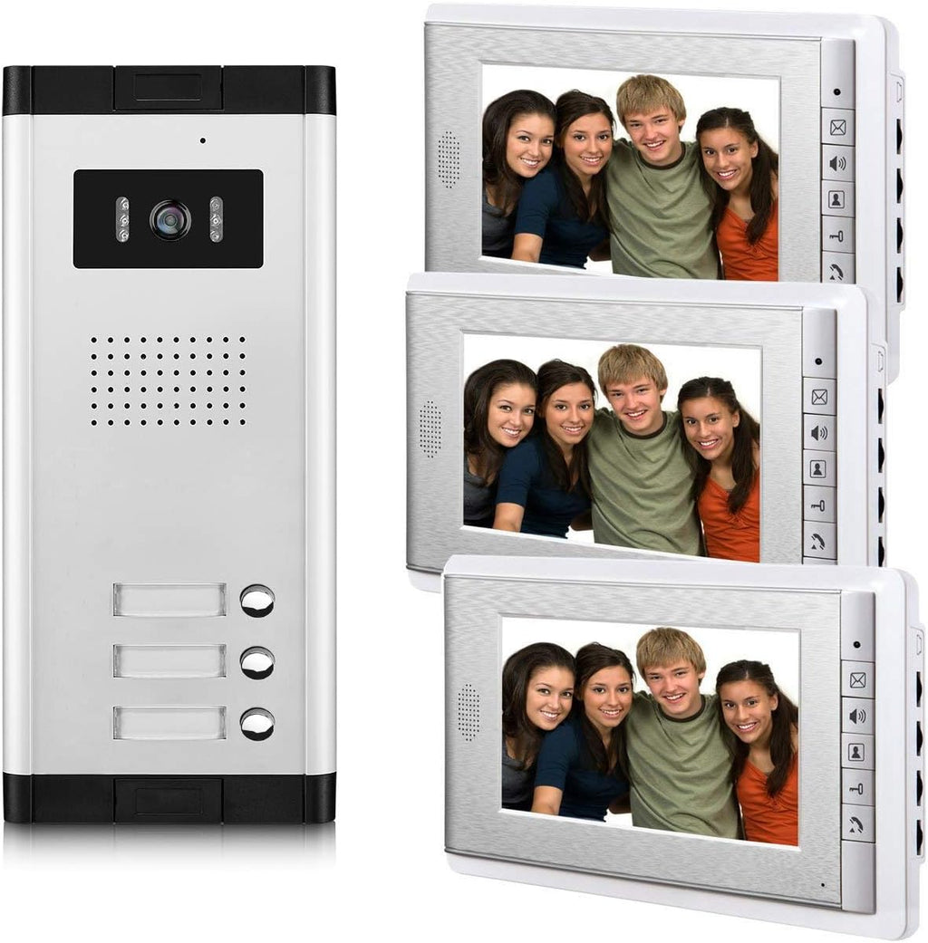 3 Units Wired Video Door Phone Kit with 7 Inches Monitor and Night Vision Camera J1060