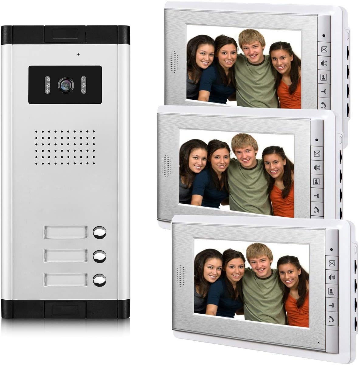 3 Units Wired Video Door Phone Kit with 7 Inches Monitor and Night Vision Camera J1060