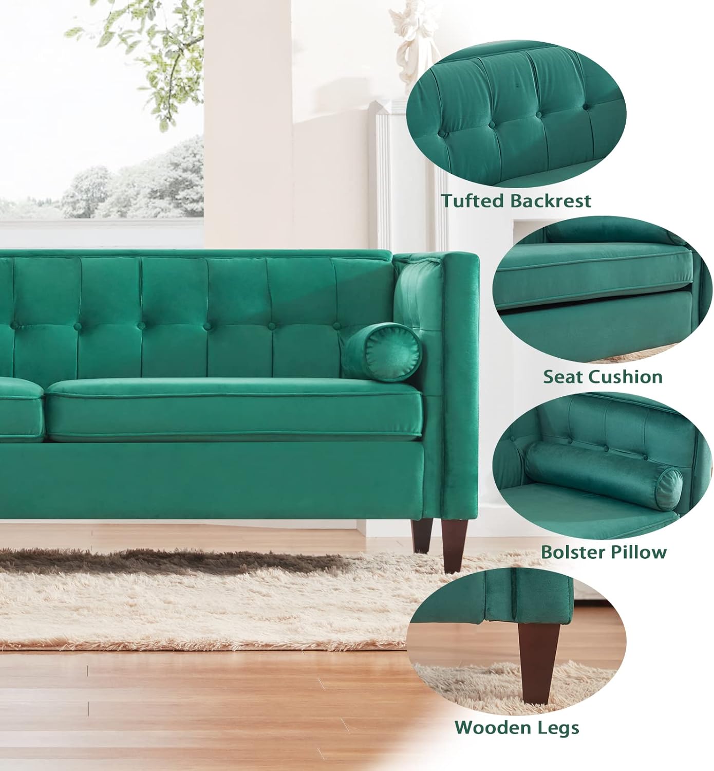 Green Velvet Sofa with Bolster Pillows K3856