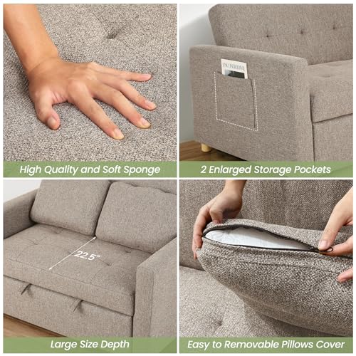 3-in-1 Convertible Sofa Bed, Linen Fabric Sleeper Couch, 49" 2-Seater Loveseat Futon Sofa X731065