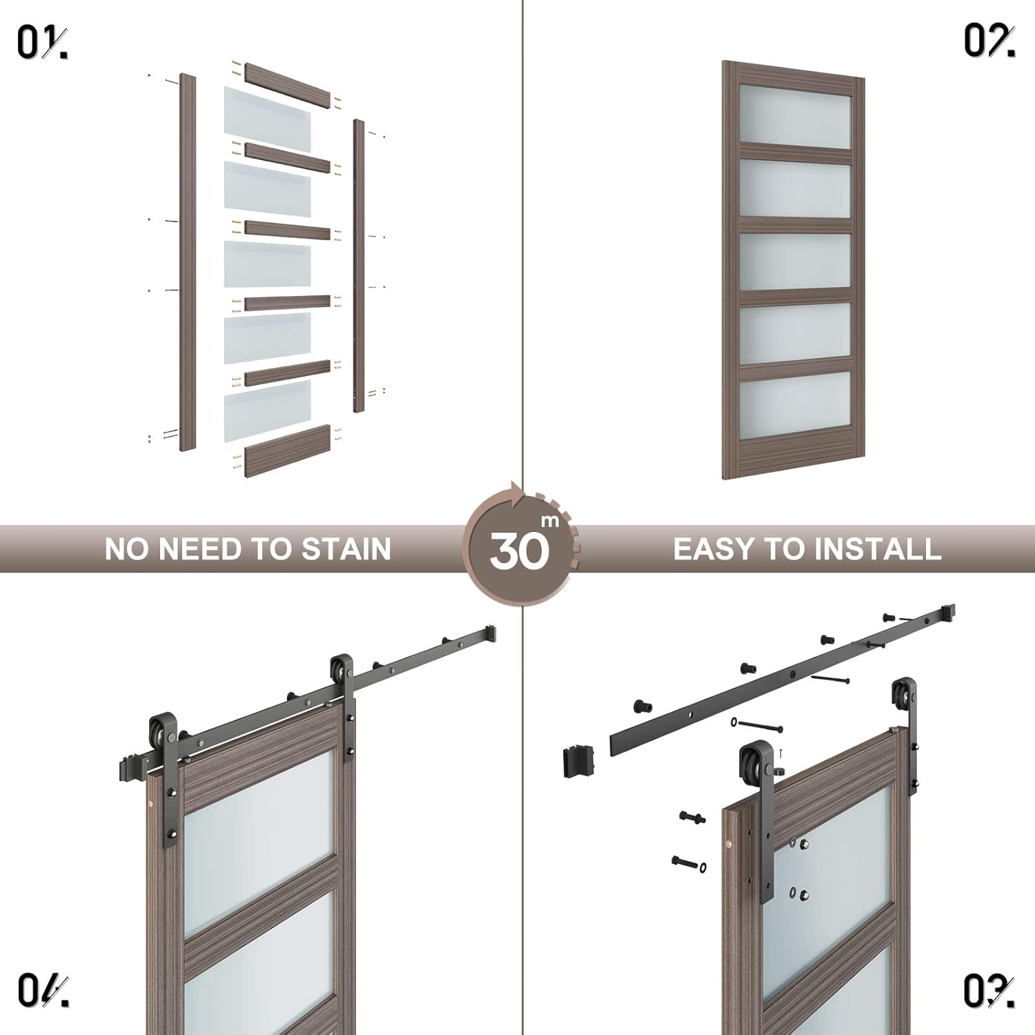 Glass Sliding Barn Door Slab with Hardware Kit, MDF Wood Panel with PVC Surface V4740