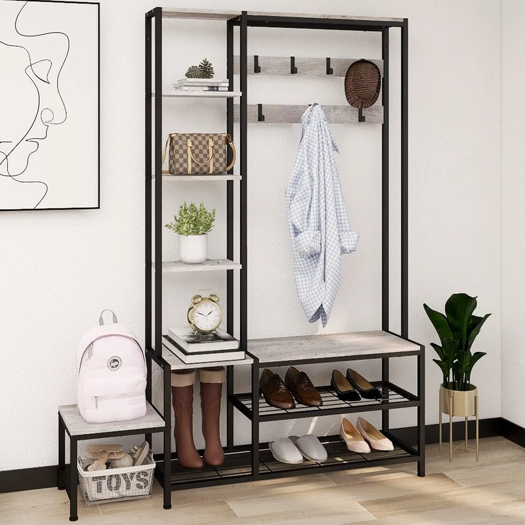 Hall Tree with Shoe Storage Bench, Coat Rack with 7 Hooks, 4 Tier Side Shelves C1674