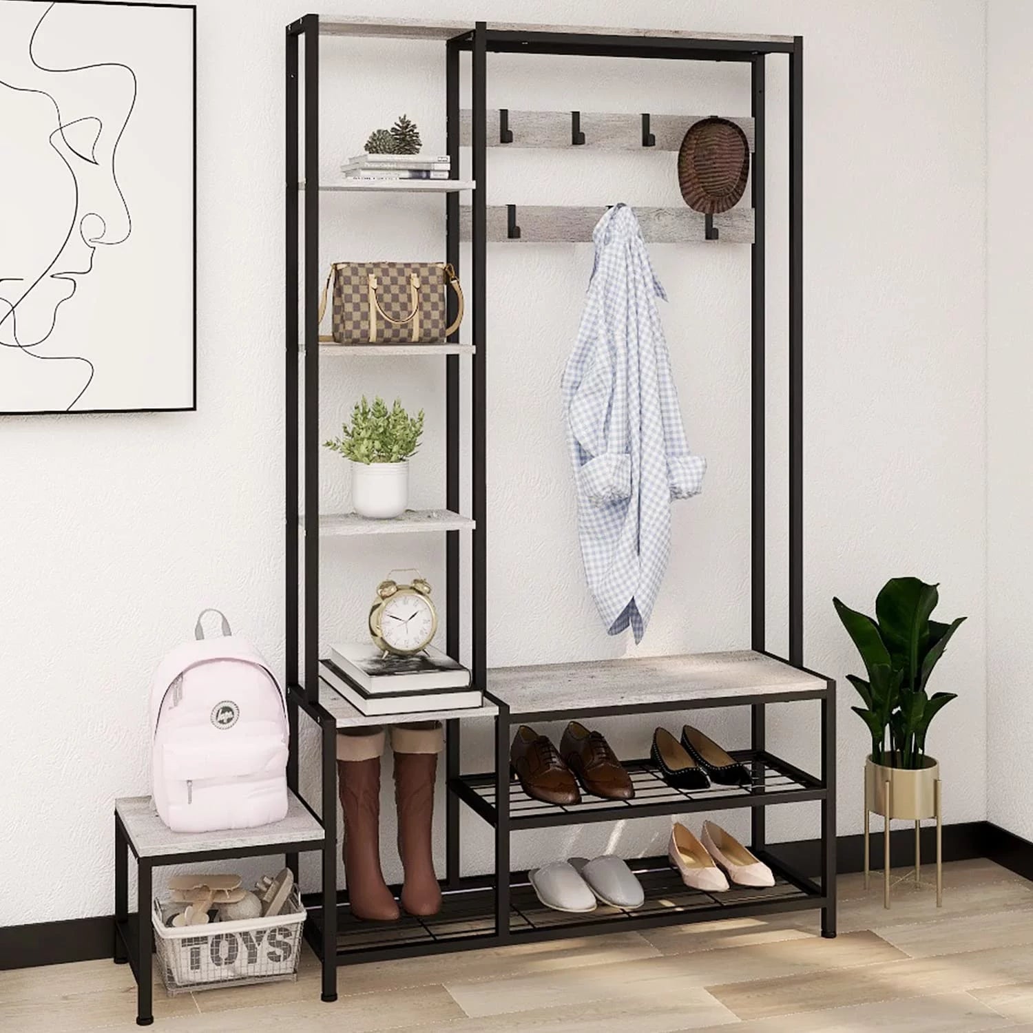 Hall Tree with Shoe Storage Bench, Coat Rack with 7 Hooks, 4 Tier Side Shelves C1674