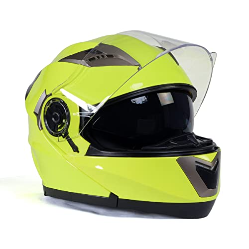 Neon Yellow Motorcycle Modular Helmet with Drop Down Visor K37827
