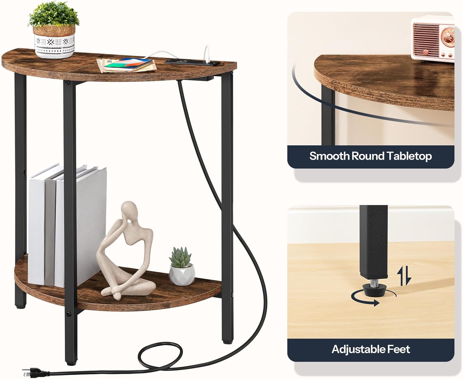 Rustic Brown and Black Half Moon Table with Charging Station I90872