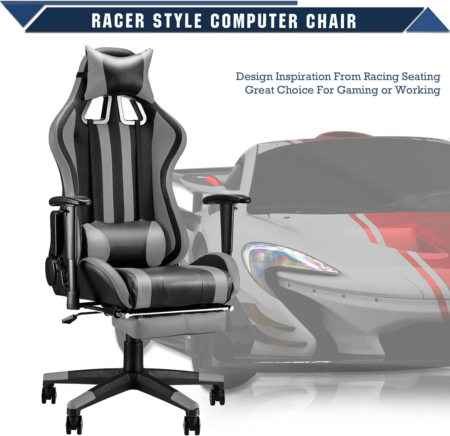 Black/Gray Swivel Desk Gaming Chair with Footrest D448