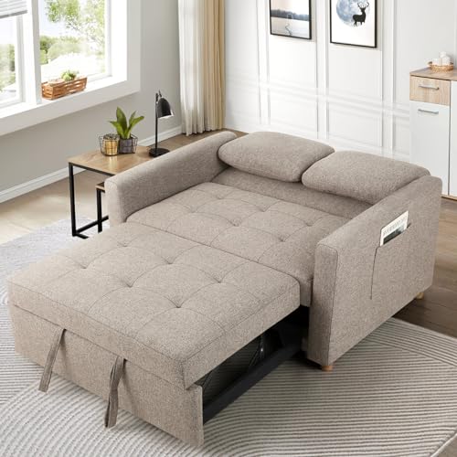 3-in-1 Convertible Sofa Bed, Linen Fabric Sleeper Couch, 49" 2-Seater Loveseat Futon Sofa X731065