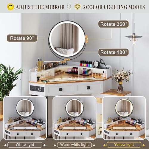 White Glass Top Corner Vanity Desk with Mirror and Lights, 4 Drawers Z437806